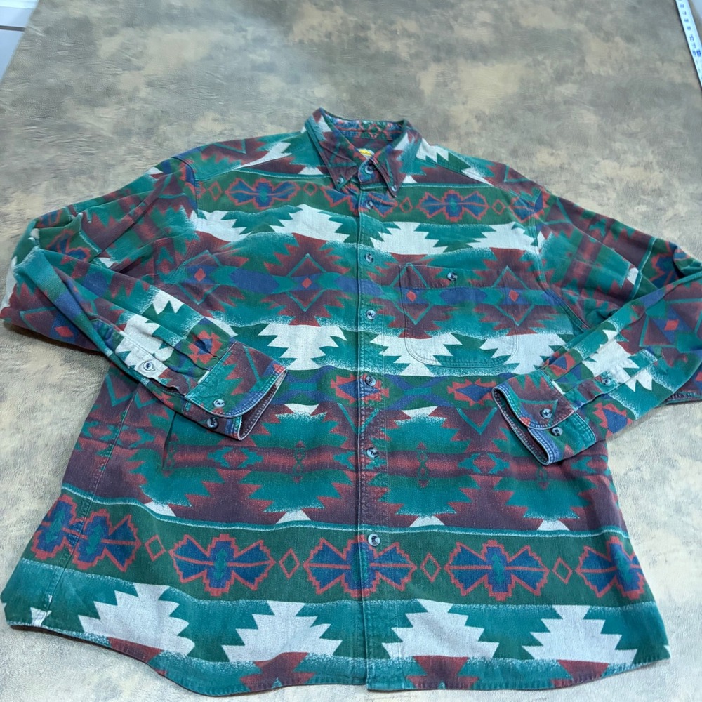 Cabelas Chamois Cloth Shirt Mens XL Green Southwestern Aztec Print Long Sleeve